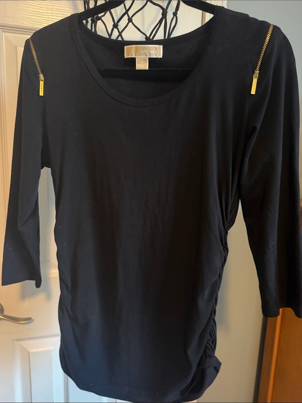 Michael Kors Black Long Sleeve Scoop Neck Top with Gold Shoulder Zips